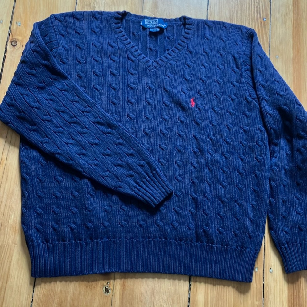 Polo by Ralph Lauren Blue V-Neck Sweater Cable-Knit